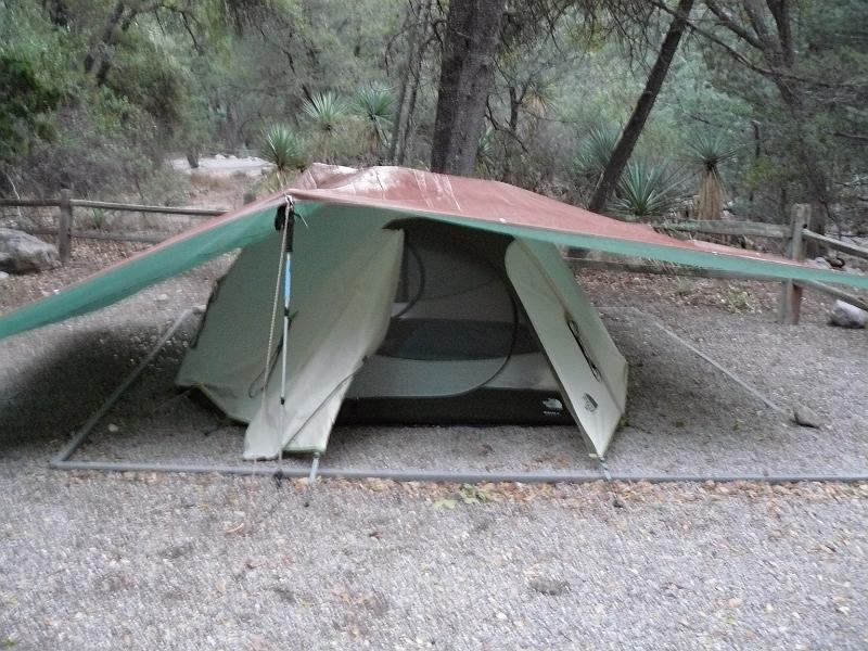 P1090393.JPG - Our humble abode. Although it was nice to finally have a tent pad at the campsite. There was a 30% chance of rain so we set up the tarp, fancy eh?